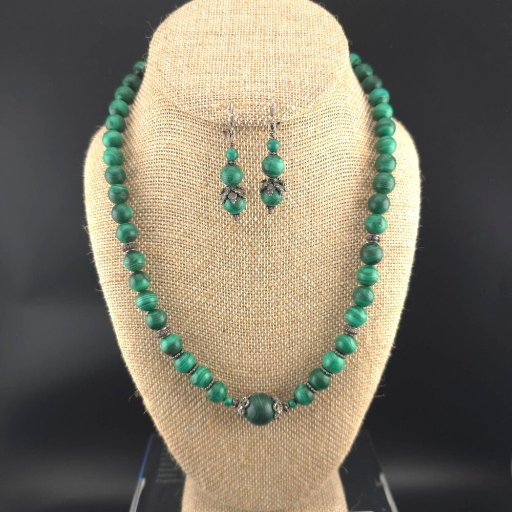 Vintage Malachite Beaded Necklace & Earrings Set Sterling Silver 19 inches
